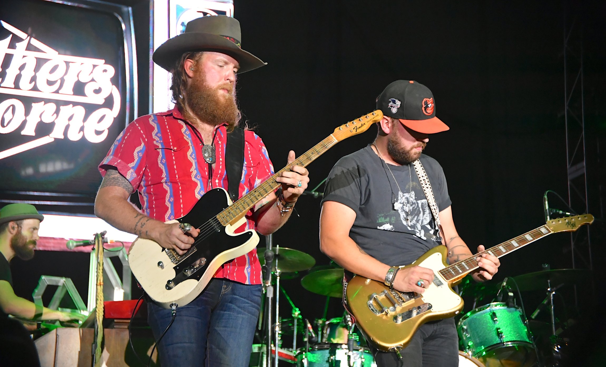 LAS VEGAS, NV - SEPTEMBER 29: John Osborne (L) and T.J. Osborne of the Brothers Osborne perform during the Route 91 Harvest country music festival at the Las Vegas Village on September 29, 2017 in Las Vegas, Nevada. (Photo by Mindy Small/FilmMagic)