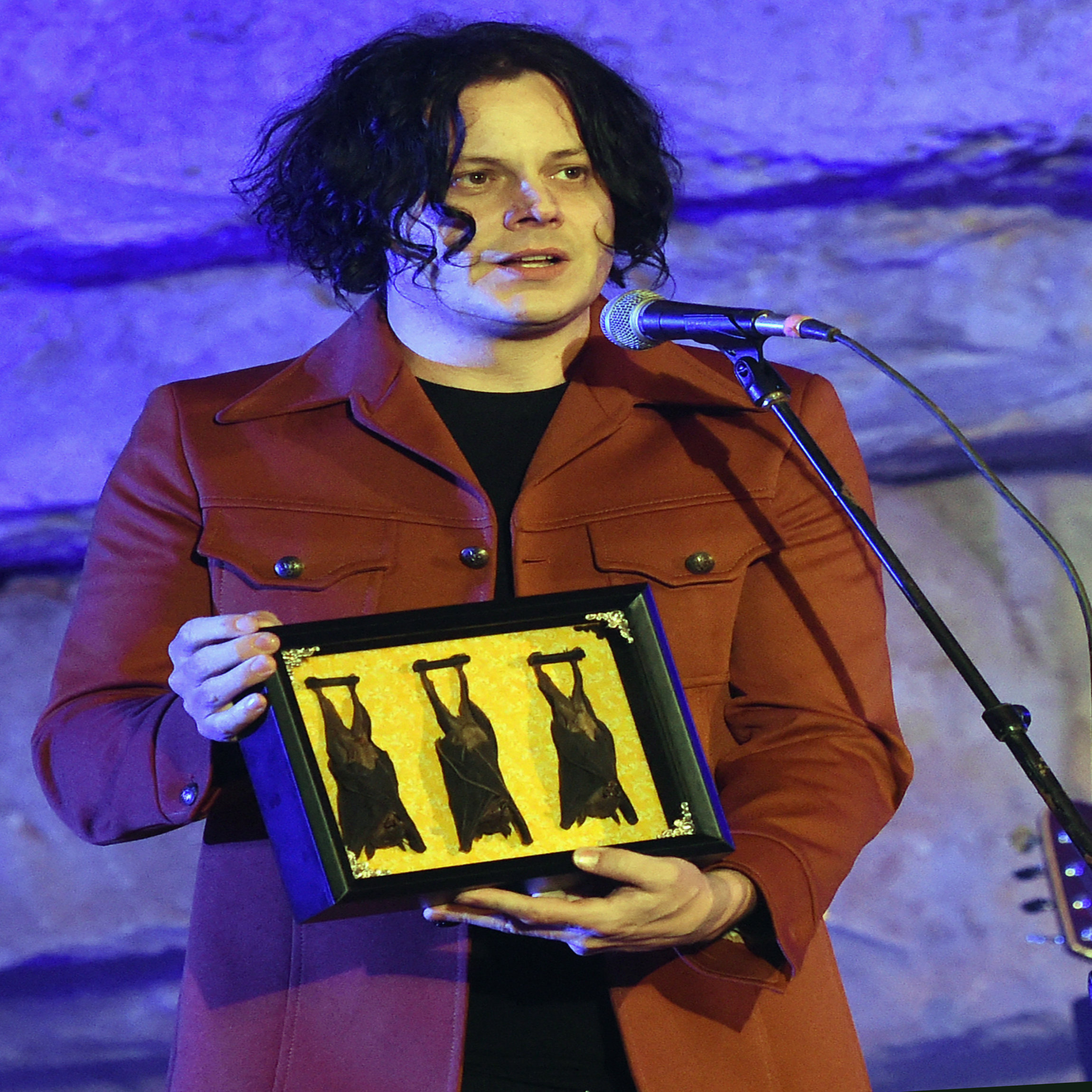 MCMINNVILLE, TN - SEPTEMBER 29: Singer/Songwriter Host Jack White displays a gift of Cave Bats during Tennessee Tourism & Third Man Records 333 Feet Underground at Cumberland Caverns on September 29, 2017 in McMinnville, Tennessee. (Photo by Rick Diamond/Getty Images for Tennessee Tourism)