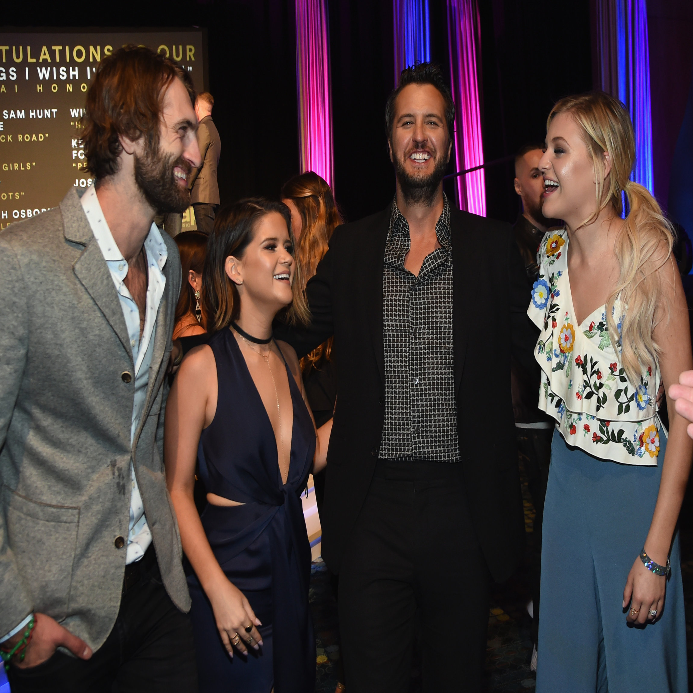 NASHVILLE, TN - OCTOBER 23: Singer Songwriters Ryan Hurd, Maren Morris, Luke Bryan and Kelsea Ballerini attend the 2017 Nashville Songwriters Hall Of Fame Awards at Music City Center on October 23, 2017 in Nashville, Tennessee. (Photo by Rick Diamond/Getty Images)