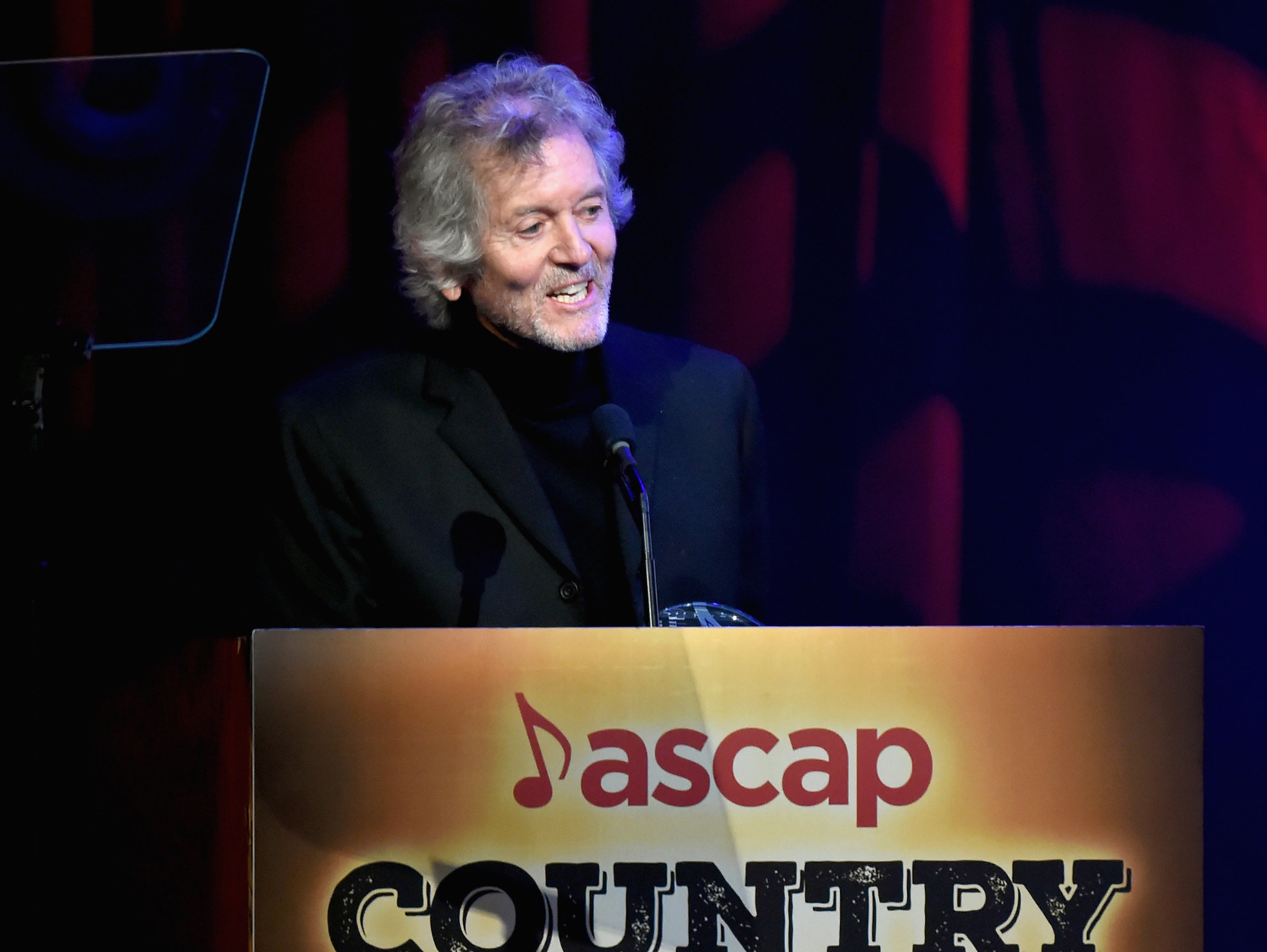 NASHVILLE, TN - NOVEMBER 06: Singer-songwriter Rodney Crowell accepts the ASCAP Founders Award onstage during the 55th annual ASCAP Country Music awards at the Ryman Auditorium on November 6, 2017 in Nashville, Tennessee. (Photo by Rick Diamond/Getty Images)