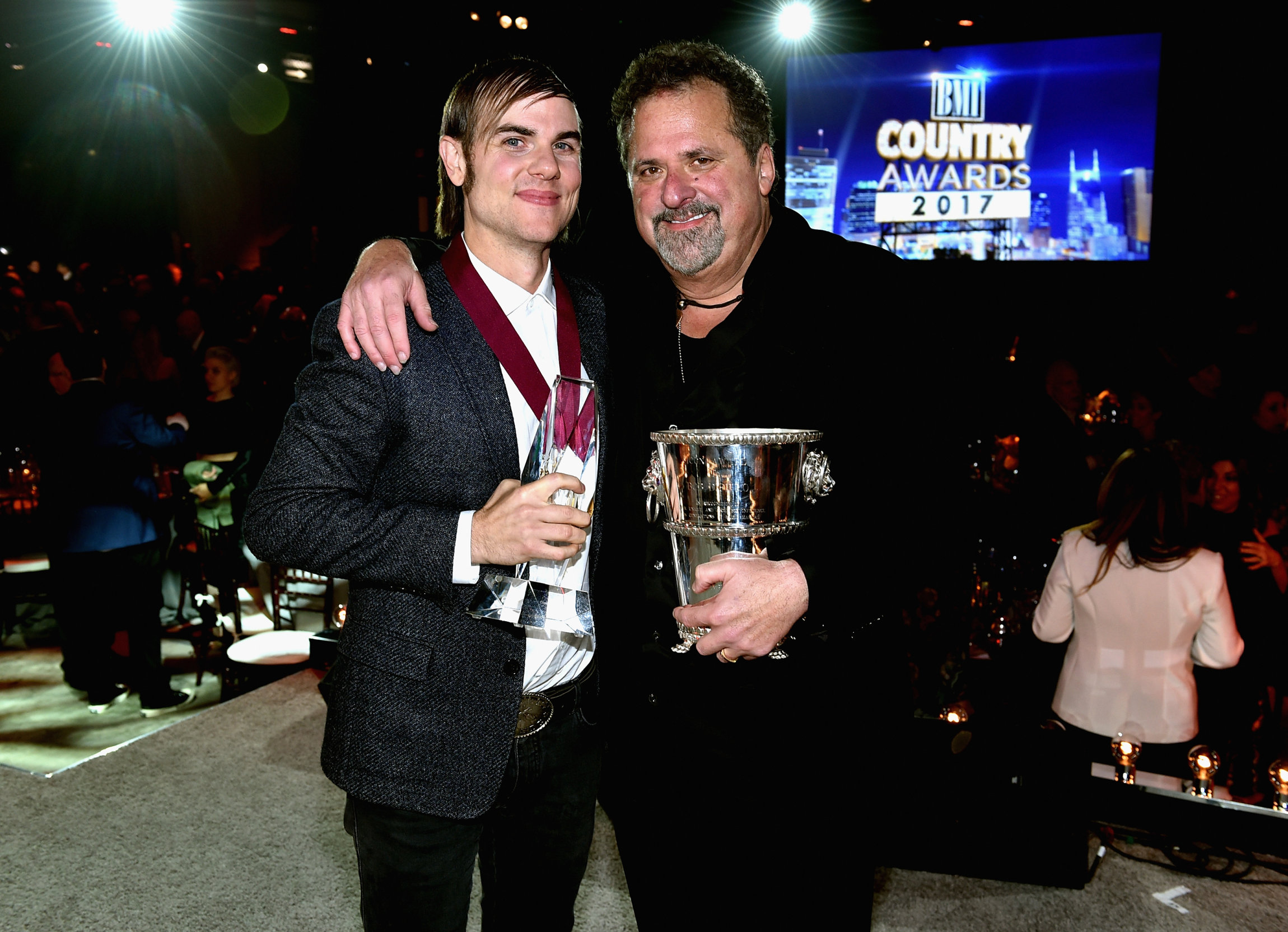 NASHVILLE, TN - NOVEMBER 07: Songwriters Ross Copperman and Bob DiPiero pose for a photo onstage during the 65th Annual BMI Country Awards at BMI on November 7, 2017 in Nashville, Tennessee. (Photo by John Shearer/Getty Images for BMI)