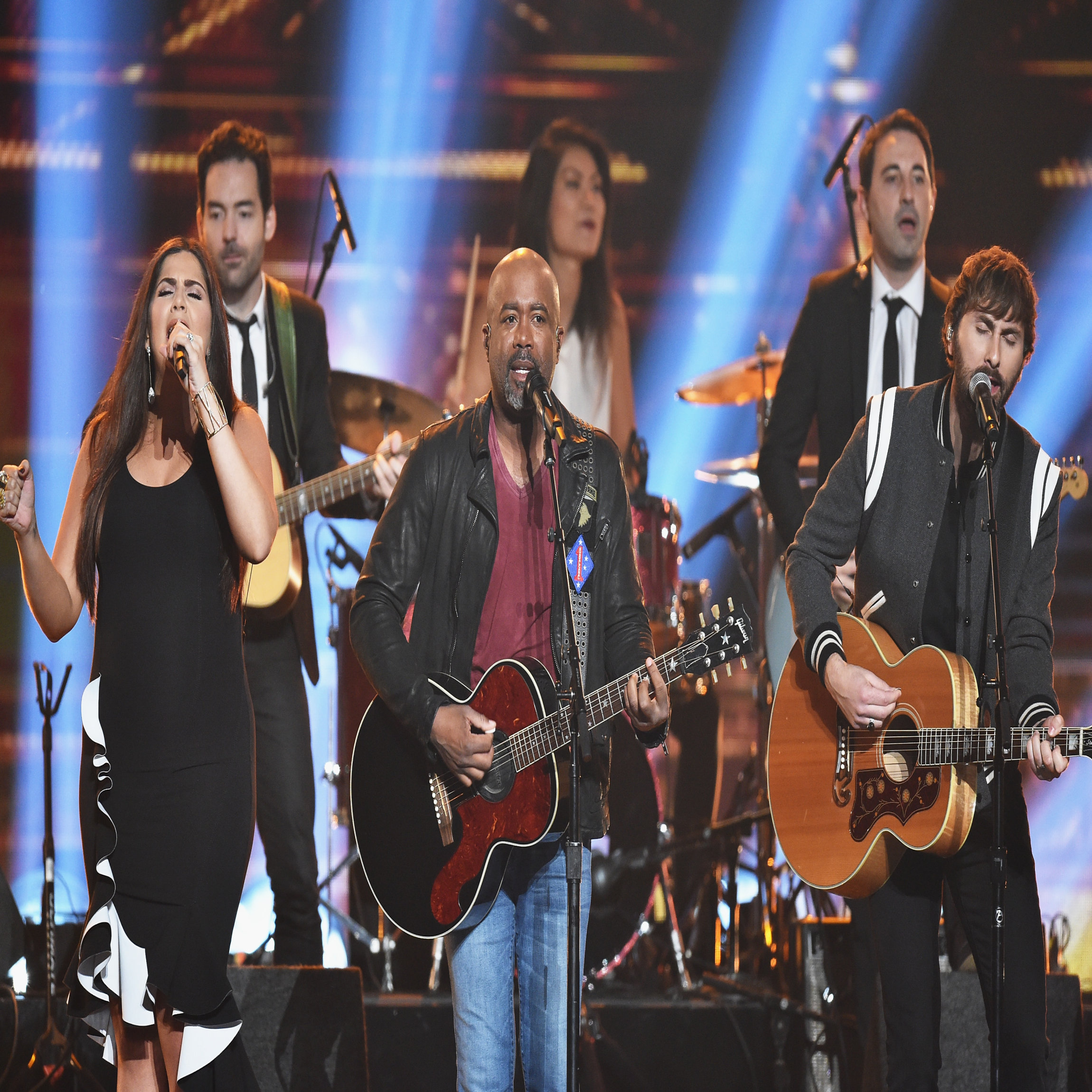 NASHVILLE, TN - NOVEMBER 08: Hillary Scott, and Dave Haywood of Lady Antebellum and Darius Rucker (C) perform onstage at the 51st annual CMA Awards at the Bridgestone Arena on November 8, 2017 in Nashville, Tennessee. (Photo by John Shearer/WireImage)