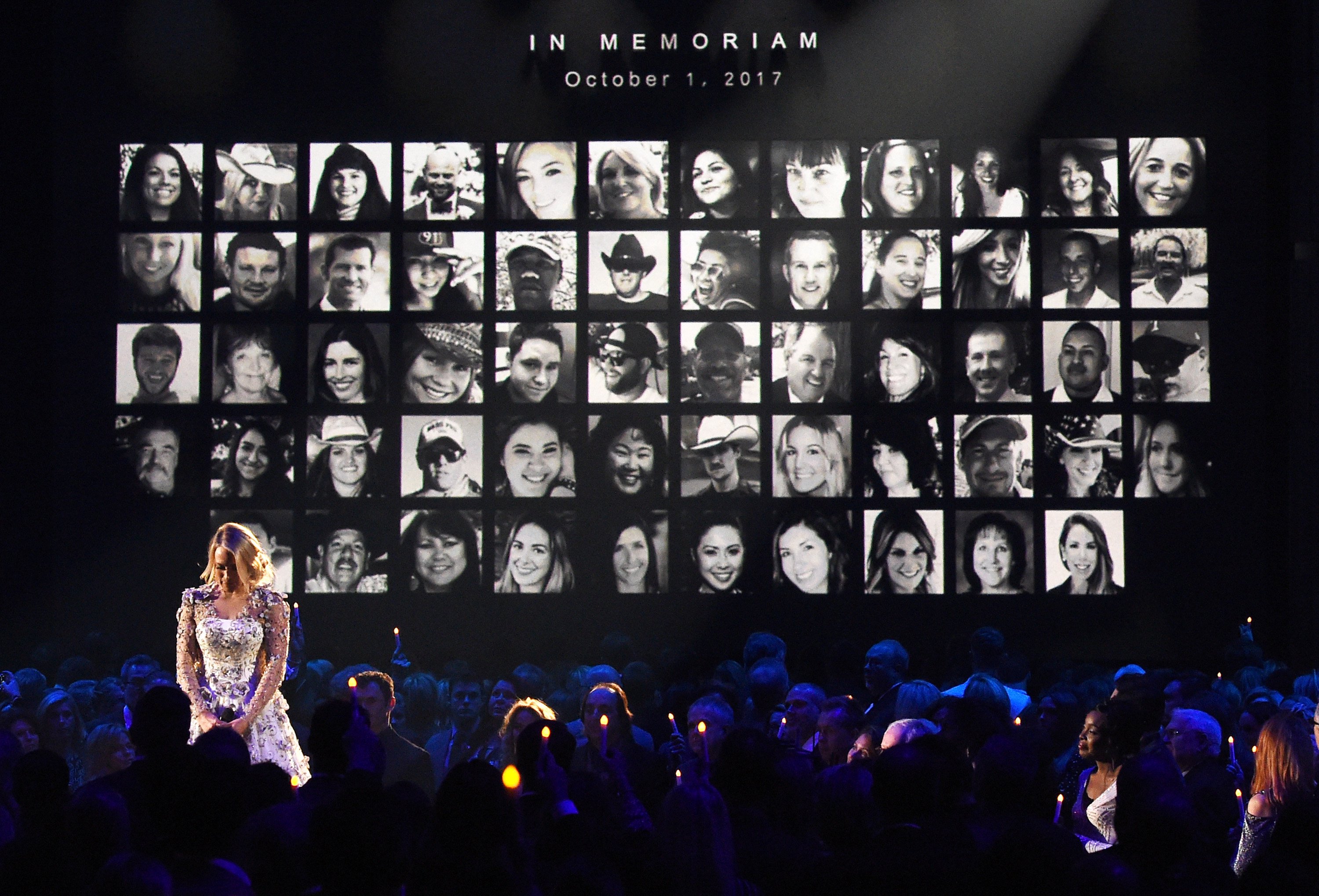 Carrie Underwood performs by a memoriam for the shooting victims of the Route 91 Harvest music festival in Las Vegas, at the 51st annual CMA Awards at the Bridgestone Arena on November 8, 2017 in Nashville, Tennessee. (Credit: Rick Diamond/Getty Images)