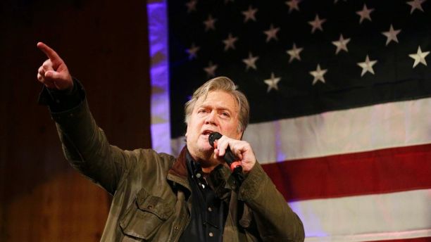 Former White House strategist Steve Bannon speaks at a rally for U.S. Senate hopeful Roy Moore, Monday, Sept. 25, 2017, in Fairhope, Ala. (AP Photo/Brynn Anderson)