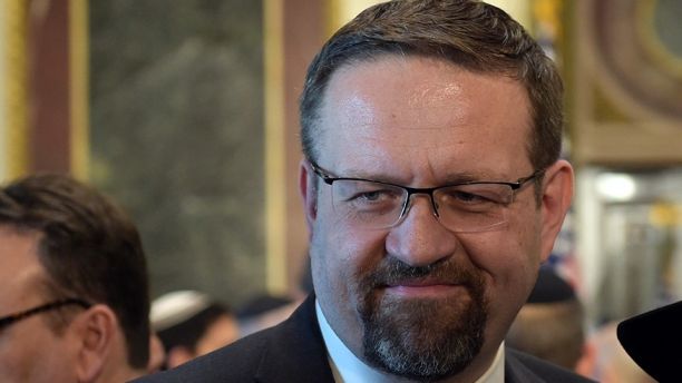 Deputy assistant to President Trump Sebastian Gorka talks with people in the Treaty Room in the Eisenhower Executive Office Building on the White House complex in Washington, Tuesday, May 2, 2017, during a ceremony commemorating Israeli Independence Day. (AP Photo/Susan Walsh)