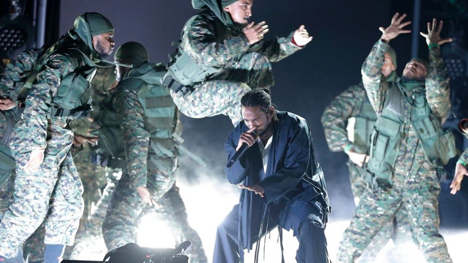 Kendrick Lamar performs at the opening of the 60th Annual Grammy Awards in New York on Jan. 28, 2018.