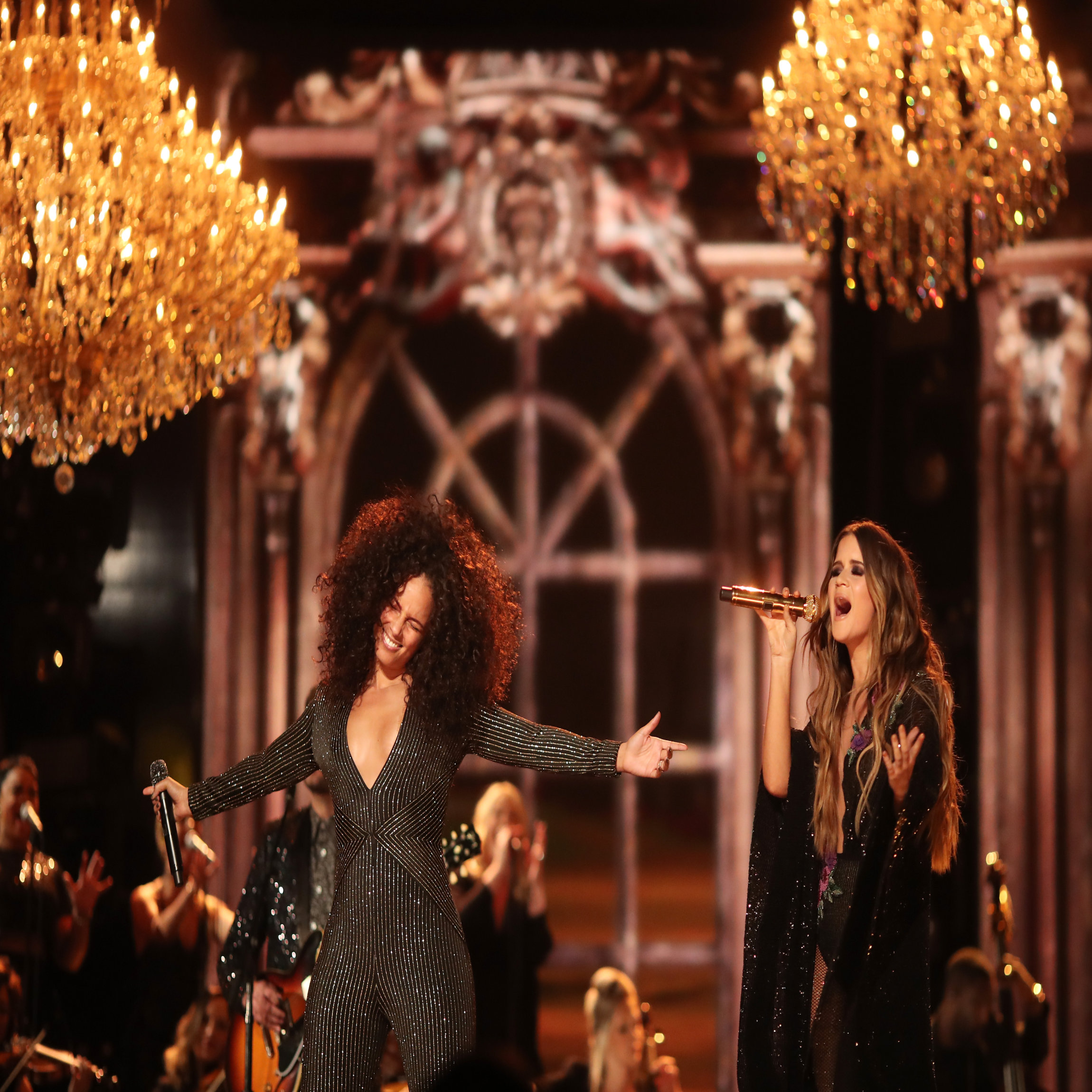 LOS ANGELES, CA - FEBRUARY 12: Singers Alicia Keys and Maren Morris during The 59th GRAMMY Awards at STAPLES Center on February 12, 2017 in Los Angeles, California. (Photo by Christopher Polk/Getty Images for NARAS)