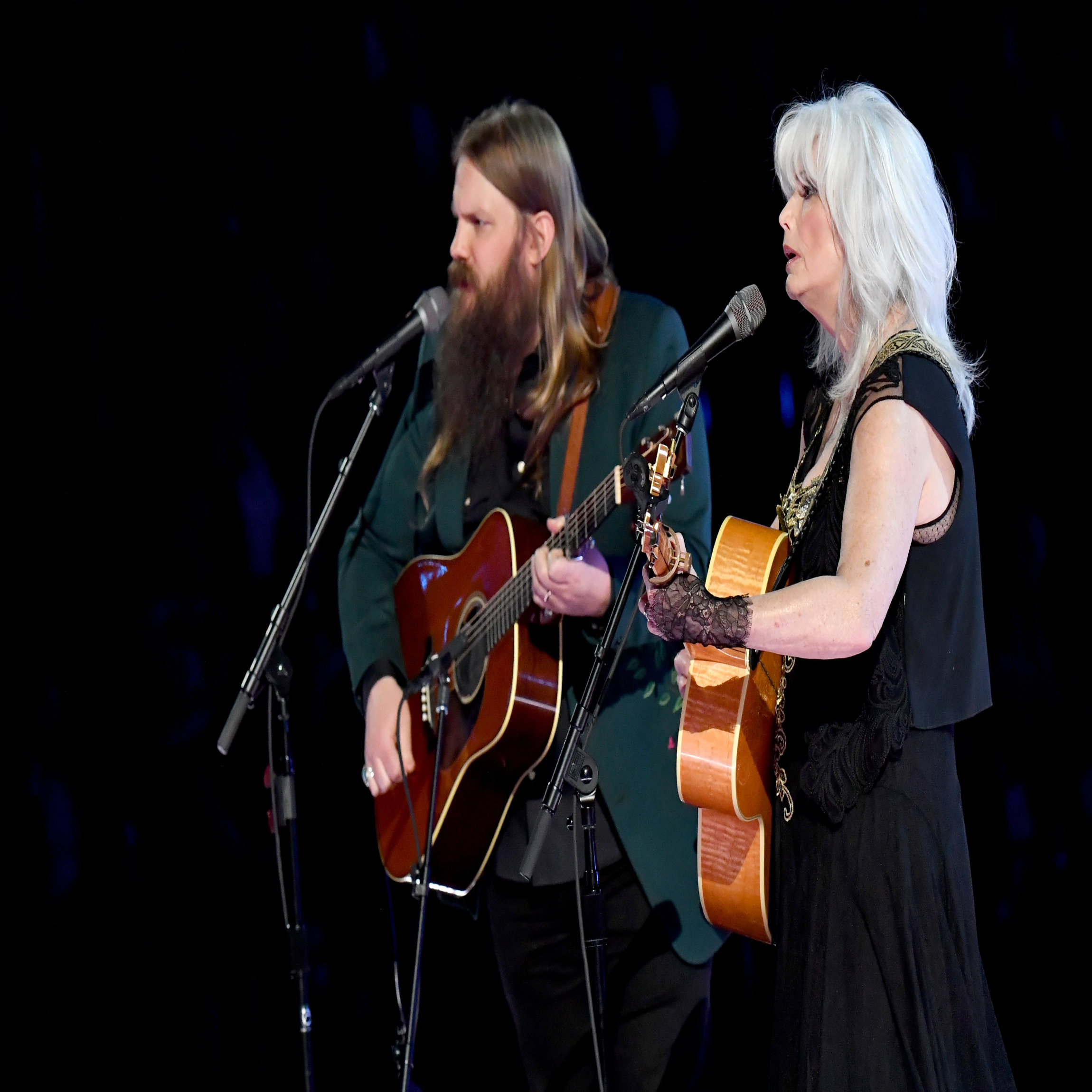 NEW YORK, NY - JANUARY 28: Recording artists Chris Stapleton (L) and Emmylou Harris perform onstage during the 60th Annual GRAMMY Awards at Madison Square Garden on January 28, 2018 in New York City. (Photo by Jeff Kravitz/FilmMagic)