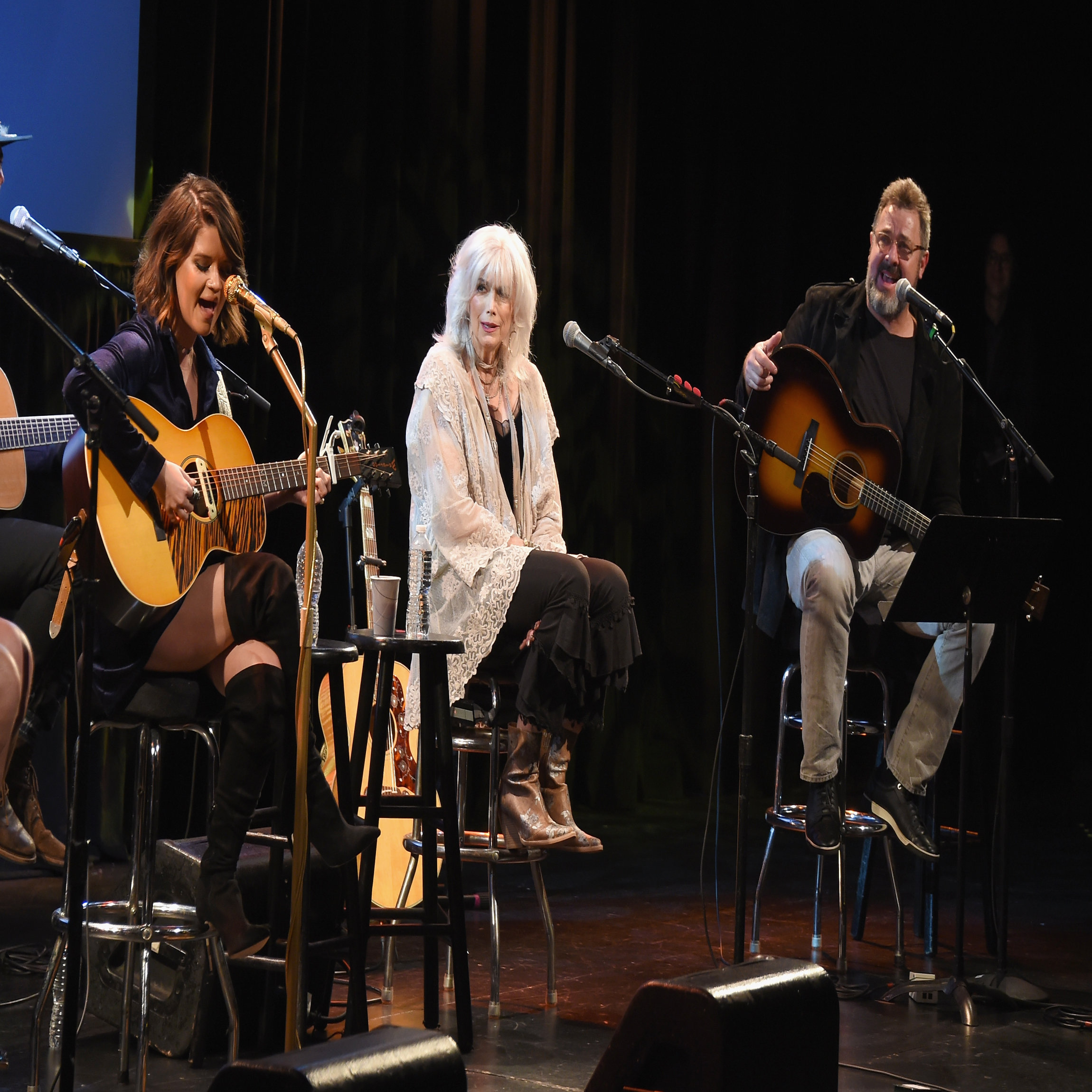 NEW YORK, NY - FEBRUARY 13: Musicians Maren Morris, Emmylou Harris and Vince Gill perform onstage at the Country Music Hall of Fame and Museum's 'All for the Hall' Benefit on February 12, 2018 in New York City. (Photo by Michael Loccisano/Getty Images for Country Music Hall Of Fame)